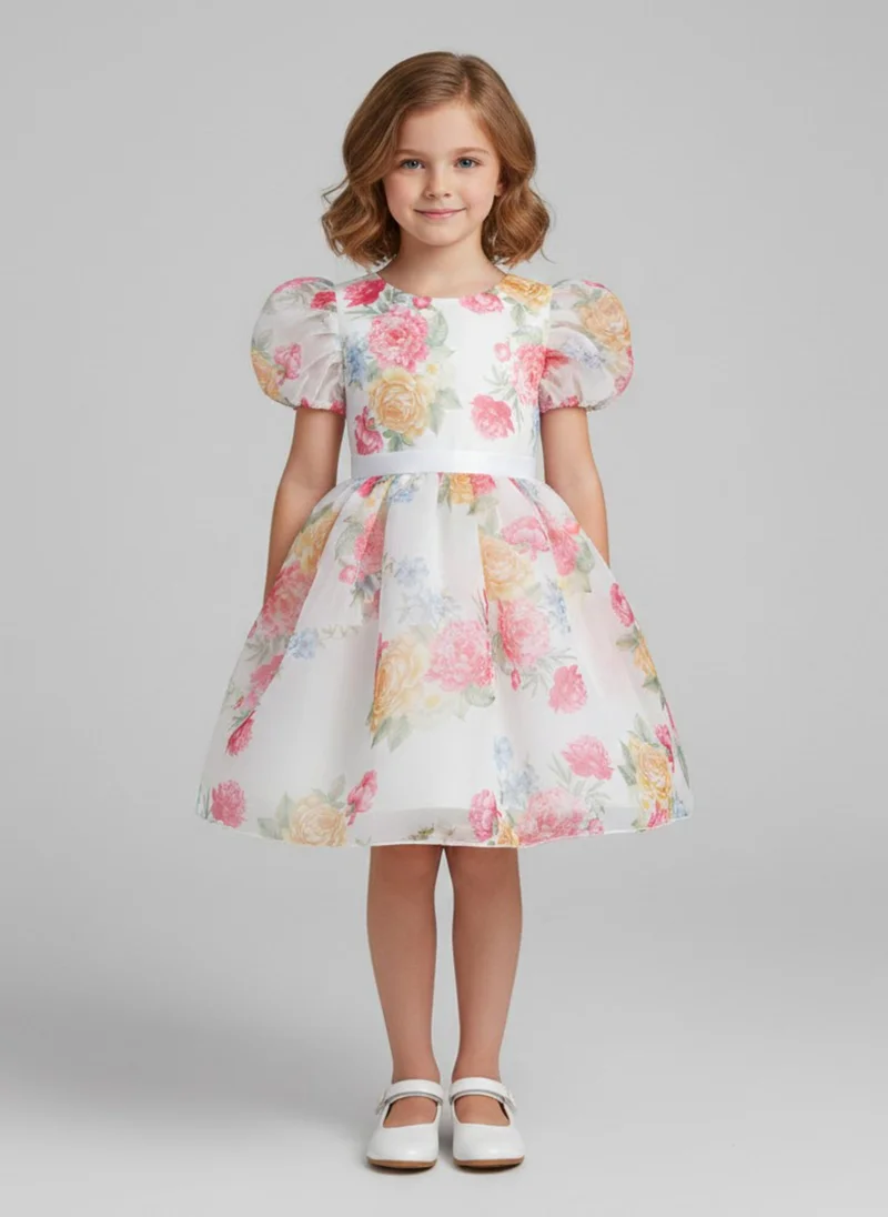 babyqlo Girls Floral Organza Puff Sleeve Party Dress